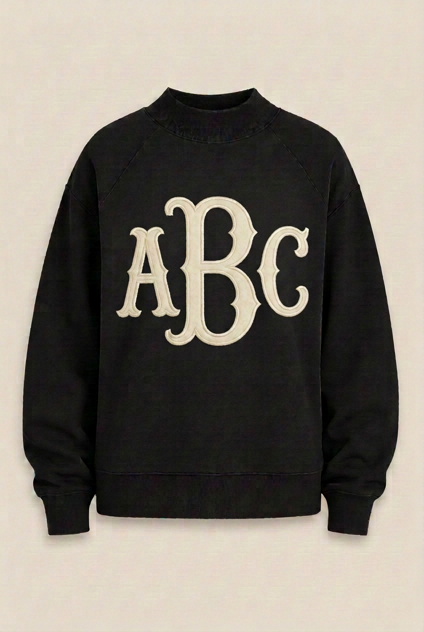 Black sweatshirt with a centered ivory ABC fishtail appliqué monogram